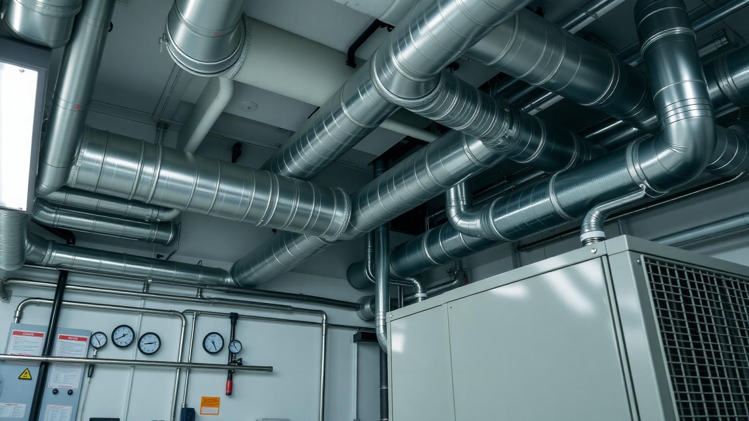 Clean, labeled commercial mechanical room with organized ductwork and gauges installed by Atomatic