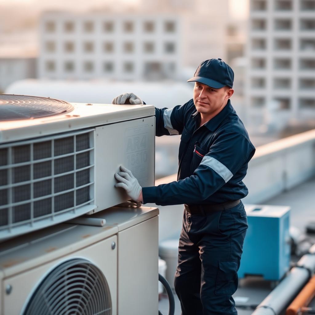 Atomatic technician servicing a rooftop HVAC unit on a commercial building